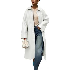 imagechouyatou Womens Faux Leather Long Trench Coat Casual Lapel Single Breasted Pu Leather Jacket Outerwear OvercoatWhite