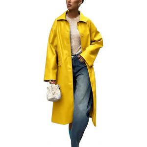 imagechouyatou Womens Faux Leather Long Trench Coat Casual Lapel Single Breasted Pu Leather Jacket Outerwear OvercoatYellow