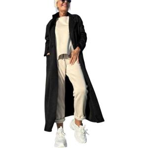 imagechouyatou Womens Faux Suede Leather Long Trench Coat Double Breasted Notched Lapel Pea Coat Overcoat with PocketsBlack