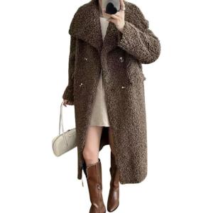 imagechouyatou Womens Fuzzy Fleece Sherpa Jacket Double Breasted Winter Warm Midi Long Faux Fur CoatBrown