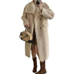imagechouyatou Womens Fuzzy Fleece Sherpa Jacket Double Breasted Winter Warm Midi Long Faux Fur CoatKhaki