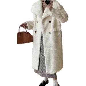 imagechouyatou Womens Fuzzy Fleece Sherpa Jacket Double Breasted Winter Warm Midi Long Faux Fur CoatWhite