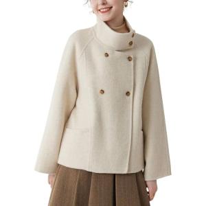 imagechouyatou Womens Stand Collar Cropped Wool Coat Double Breasted Dressy Casual Short Pea Coat Overcoat with PocketsBeige White