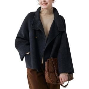 imagechouyatou Womens Stand Collar Cropped Wool Coat Double Breasted Dressy Casual Short Pea Coat Overcoat with PocketsBlack