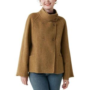 imagechouyatou Womens Stand Collar Cropped Wool Coat Double Breasted Dressy Casual Short Pea Coat Overcoat with PocketsBrown