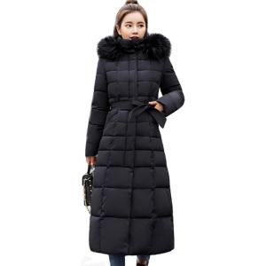 imagechouyatou Womens Warm Belted Maxi Long Padded Winter Coat Removable Fur Hood XSmall Black