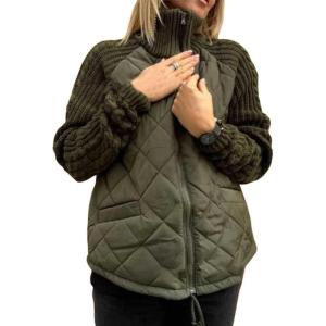 imagechouyatou Womens Winter Stand Collar Lightweight Quilted Jacket Knitted Sleeve Utility Puffer Jacket Down CoatArmy Green