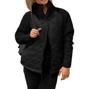 imagechouyatou Womens Winter Stand Collar Lightweight Quilted Jacket Knitted Sleeve Utility Puffer Jacket Down CoatBlack