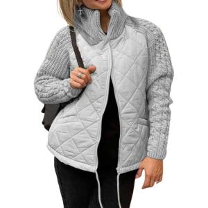 imagechouyatou Womens Winter Stand Collar Lightweight Quilted Jacket Knitted Sleeve Utility Puffer Jacket Down CoatGrey