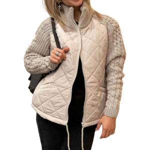 imagechouyatou Womens Winter Stand Collar Lightweight Quilted Jacket Knitted Sleeve Utility Puffer Jacket Down CoatKhaki