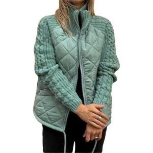 imagechouyatou Womens Winter Stand Collar Lightweight Quilted Jacket Knitted Sleeve Utility Puffer Jacket Down CoatMalachite Green