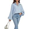 imageCHOUYATOU Womens 2026 Casual Striped Button Down Shirts Lantern Sleeve Collared Cotton Blouses TopsBlue