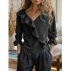 imageCHOUYATOU Womens 2026 Spring Cotton Linen Shirt Boho Ruffle V Neck Loose Blouses Long Sleeve Pullover TopsBlack
