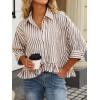 imageCHOUYATOU Womens Business Casual Striped Button Down Shirt Loose 34 Sleeve Peplum Tops Work BlousesKhaki
