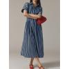 imagechouyatou Womens Contrast Color Striped Shirt Dress Pleated Button Down Maxi Long Tunic DressNavy Blue