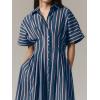 imagechouyatou Womens Contrast Color Striped Shirt Dress Pleated Button Down Maxi Long Tunic DressNavy Blue