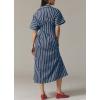 imagechouyatou Womens Contrast Color Striped Shirt Dress Pleated Button Down Maxi Long Tunic DressNavy Blue