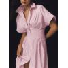 imagechouyatou Womens Contrast Color Striped Shirt Dress Pleated Button Down Maxi Long Tunic DressPink