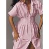 imagechouyatou Womens Contrast Color Striped Shirt Dress Pleated Button Down Maxi Long Tunic DressPink