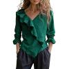 imageCHOUYATOU Womens 2026 Spring Cotton Linen Shirt Boho Ruffle V Neck Loose Blouses Long Sleeve Pullover TopsDark Green