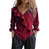 imageCHOUYATOU Womens 2026 Spring Cotton Linen Shirt Boho Ruffle V Neck Loose Blouses Long Sleeve Pullover TopsRed