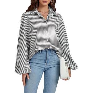 imageCHOUYATOU Womens 2026 Casual Striped Button Down Shirts Lantern Sleeve Collared Cotton Blouses TopsBlack