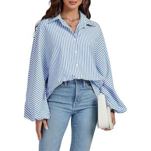 imageCHOUYATOU Womens 2026 Casual Striped Button Down Shirts Lantern Sleeve Collared Cotton Blouses TopsBlue