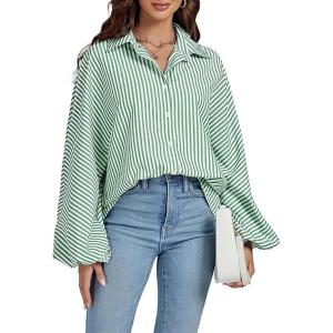 imageCHOUYATOU Womens 2026 Casual Striped Button Down Shirts Lantern Sleeve Collared Cotton Blouses TopsGreen