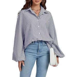 imageCHOUYATOU Womens 2026 Casual Striped Button Down Shirts Lantern Sleeve Collared Cotton Blouses TopsGrey