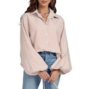 imageCHOUYATOU Womens 2026 Casual Striped Button Down Shirts Lantern Sleeve Collared Cotton Blouses TopsOrange Pink