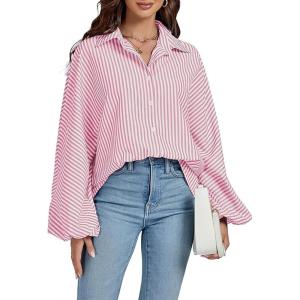imageCHOUYATOU Womens 2026 Casual Striped Button Down Shirts Lantern Sleeve Collared Cotton Blouses TopsPink