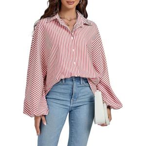imageCHOUYATOU Womens 2026 Casual Striped Button Down Shirts Lantern Sleeve Collared Cotton Blouses TopsRed