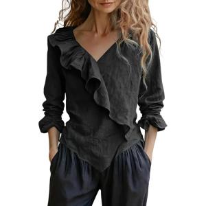 imageCHOUYATOU Womens 2026 Spring Cotton Linen Shirt Boho Ruffle V Neck Loose Blouses Long Sleeve Pullover TopsBlack