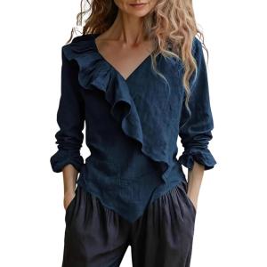 imageCHOUYATOU Womens 2026 Spring Cotton Linen Shirt Boho Ruffle V Neck Loose Blouses Long Sleeve Pullover TopsDark Blue
