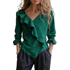 imageCHOUYATOU Womens 2026 Spring Cotton Linen Shirt Boho Ruffle V Neck Loose Blouses Long Sleeve Pullover TopsDark Green