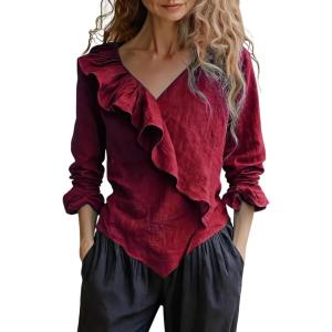 imageCHOUYATOU Womens 2026 Spring Cotton Linen Shirt Boho Ruffle V Neck Loose Blouses Long Sleeve Pullover TopsRed