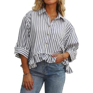imageCHOUYATOU Womens Business Casual Striped Button Down Shirt Loose 34 Sleeve Peplum Tops Work BlousesBlack