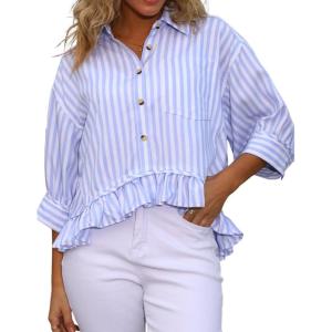 imageCHOUYATOU Womens Business Casual Striped Button Down Shirt Loose 34 Sleeve Peplum Tops Work BlousesBlue