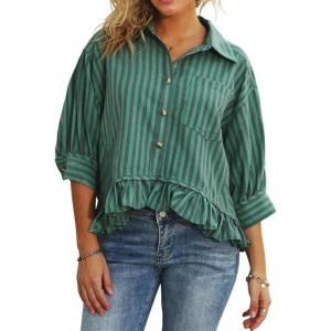 imageCHOUYATOU Womens Business Casual Striped Button Down Shirt Loose 34 Sleeve Peplum Tops Work BlousesDark Green
