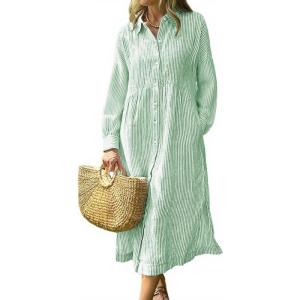 imageCHOUYATOU Womens Business Casual Striped Shirt Dress Long Sleeve Button Down Midi Long Boho DressGreen