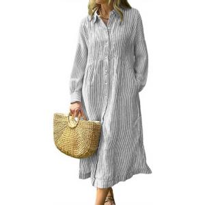 imageCHOUYATOU Womens Business Casual Striped Shirt Dress Long Sleeve Button Down Midi Long Boho DressGrey