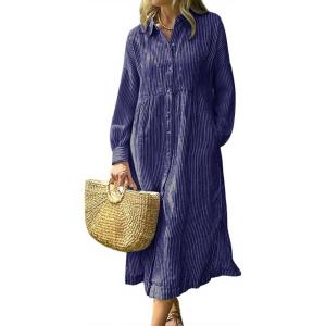imageCHOUYATOU Womens Business Casual Striped Shirt Dress Long Sleeve Button Down Midi Long Boho DressNavy Blue