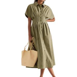 imagechouyatou Womens Contrast Color Striped Shirt Dress Pleated Button Down Maxi Long Tunic DressGreen