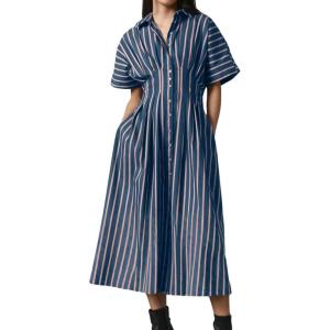 imagechouyatou Womens Contrast Color Striped Shirt Dress Pleated Button Down Maxi Long Tunic DressNavy Blue
