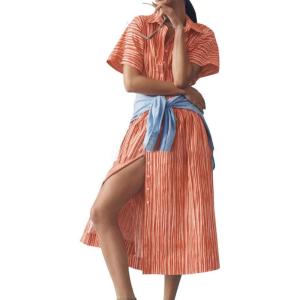 imagechouyatou Womens Contrast Color Striped Shirt Dress Pleated Button Down Maxi Long Tunic DressOrange
