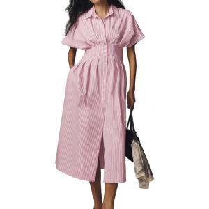 imagechouyatou Womens Contrast Color Striped Shirt Dress Pleated Button Down Maxi Long Tunic DressPink