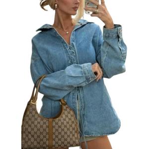 imagechouyatou Womens Loose Fit Long Sleeve Denim Jean Shirts Spring Fall LaceUp Business Casual Blouse TopsBlue