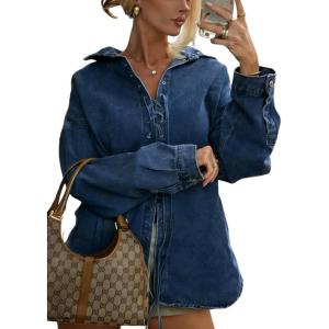 imagechouyatou Womens Loose Fit Long Sleeve Denim Jean Shirts Spring Fall LaceUp Business Casual Blouse TopsDark Blue