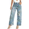 imageCHOUYATOU Womens Vintage Floral Printed Barrel Jeans Y2k Boyfriend Wide Leg Denim Pants with PocketsLight Blue