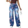 imagechouyatou Womens Y2K Wide Leg Floral Printed Jeans High Waisted Button Down Baggy Denim PantsBlue